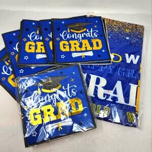 New‎ Graduation Napkins & Large Platic Tablecloth 100 Napkins Blue Gold White